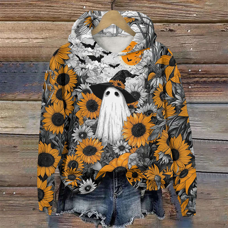 Halloween Ghost Among Sunflowers Print Long Sleeve Hoodie - Light Gray - US44-46(8XL) - image 1