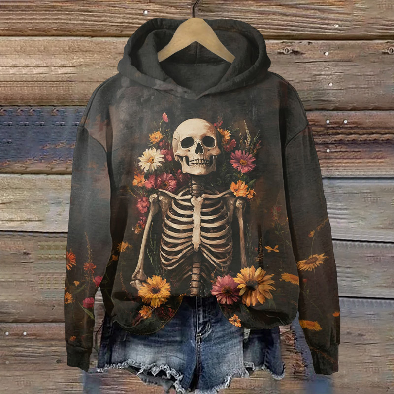 Halloween Skull Among Flowers Print Long Sleeve Hoodie - Dark Grey - US44-46(8XL) - image 1