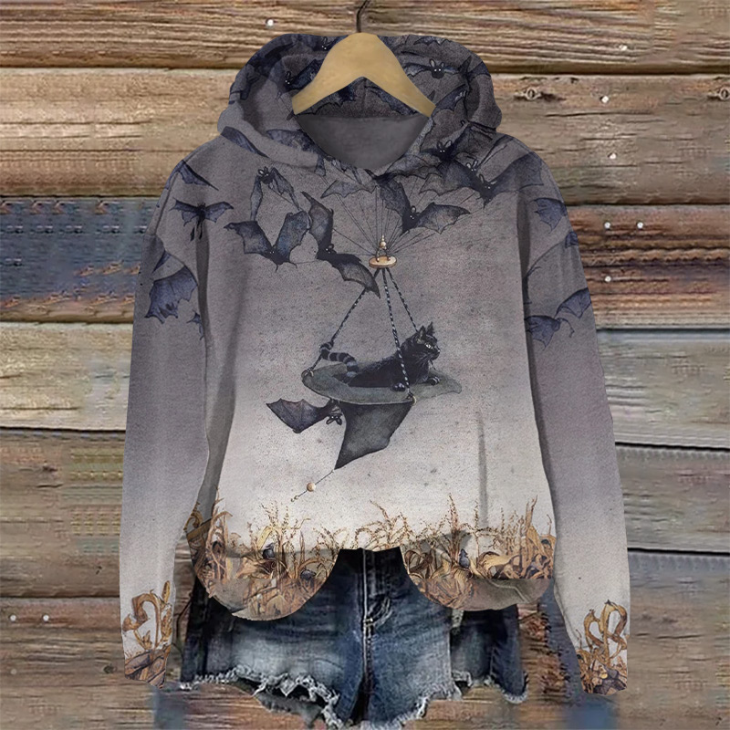 Halloween Cat In Witch Hat Print Long Sleeve Hoodie - Grey - US44-46(8XL) - image 1