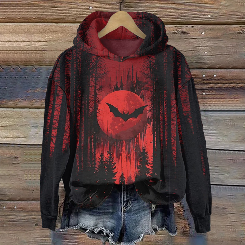 Halloween Bats Flying Over The Red Moon Print Long Sleeve Hoodie - Red - US44-46(8XL) - image 1
