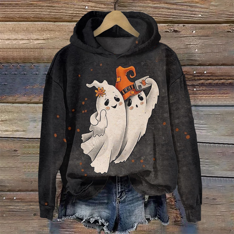 Halloween Selfie Ghost Print Long Sleeve Hoodie - Black - US44-46(8XL) - image 1