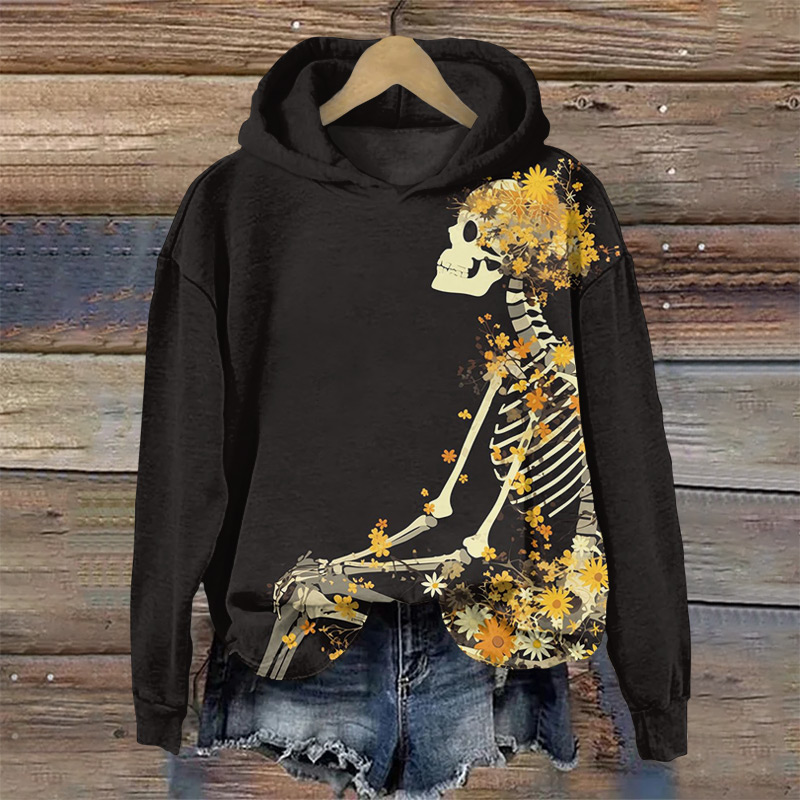 Halloween Skull With Daisies Print Long Sleeve Hoodie - Black - US44-46(8XL) - image 1