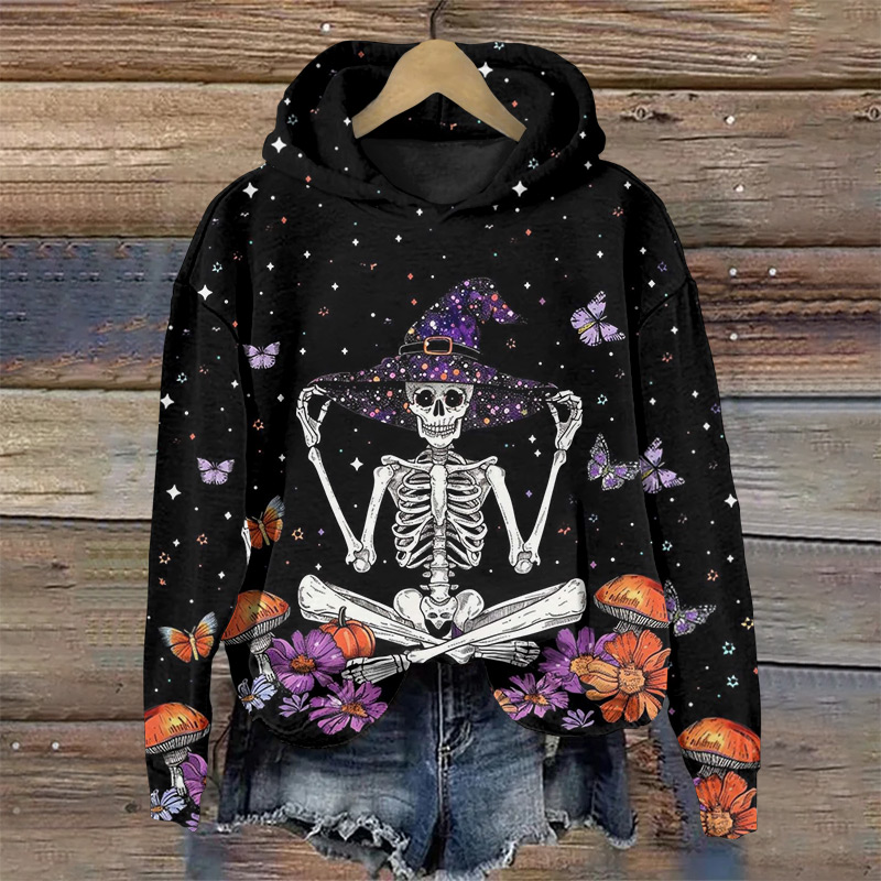 Halloween Skull Wearing A Witch Hat Print Long Sleeve Hoodie - Black - US44-46(8XL) - image 1