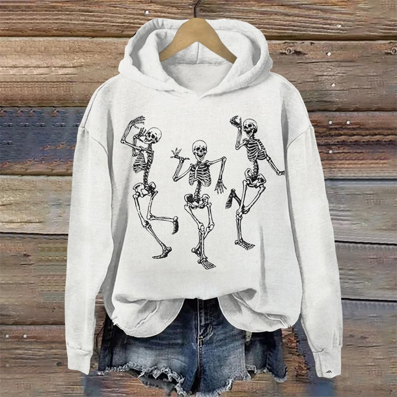Halloween Three Dancing Skeletons Print Long Sleeve Hoodie - White - US44-46(8XL) - image 1