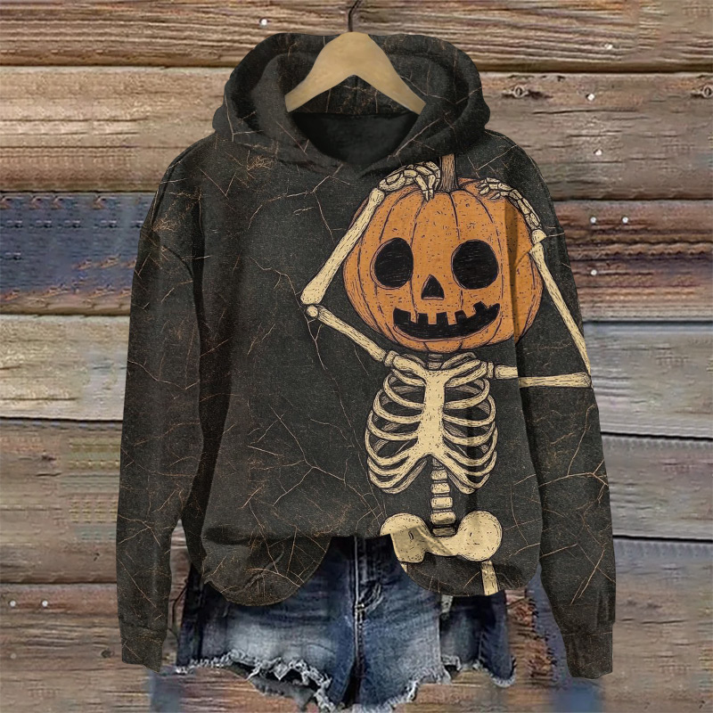 Halloween Cute Pumpkin Head Skull Print Long Sleeve Hoodie - Dark Grey - US44-46(8XL) - image 1