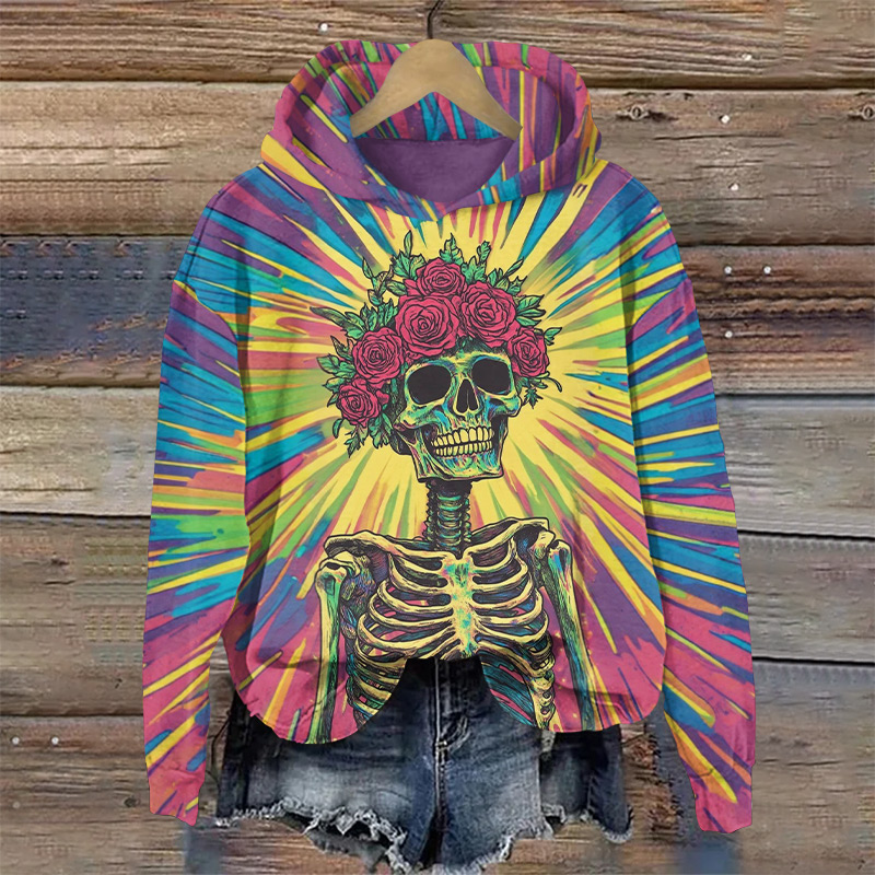 Halloween Skull With Wreath On Head Print Long Sleeve Hoodie - Multicolor - US44-46(8XL) - image 1