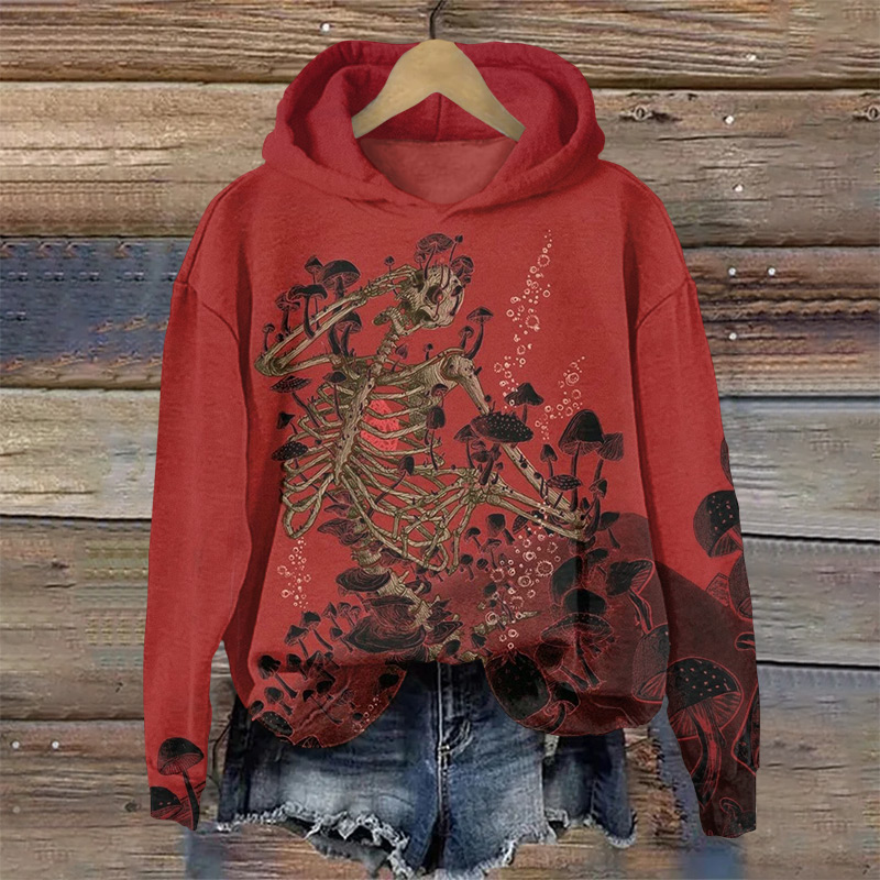 Halloween Mushroom-covered Skull Print Long Sleeve Hoodie - Red - US44-46(8XL) - image 1