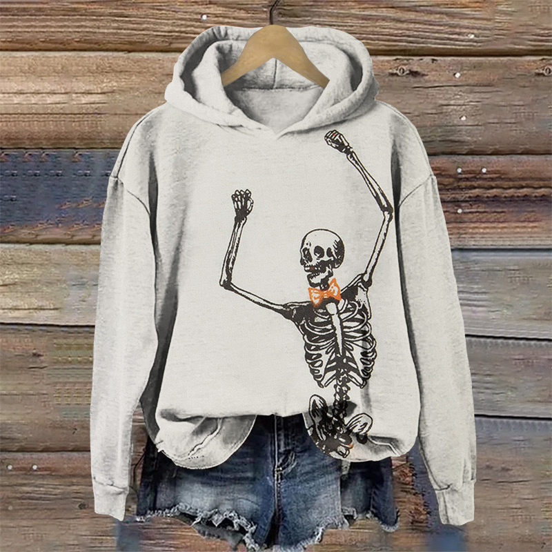 Halloween Skull With Bow Tie Print Long Sleeve Hoodie - Light Gray - US44-46(8XL) - image 1