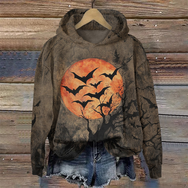 Halloween Bats Flying Under The Moon Print Long Sleeve Hoodie - Coffee - US44-46(8XL) - image 1