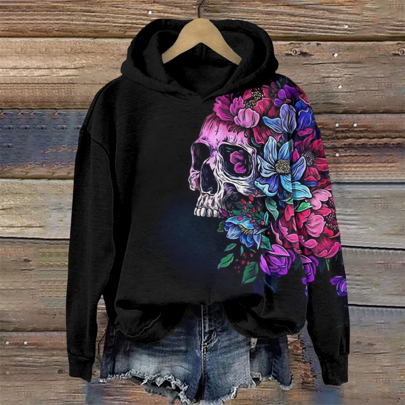 Halloween Skull Amidst Contrasting Flowers Print Long Sleeve Hoodie - Black - US44-46(8XL) - image 1