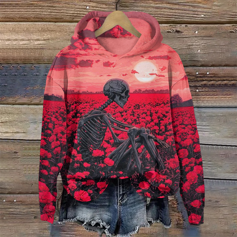 Halloween Skeleton Sitting In Flowers Print Long Sleeve Hoodie - Red - US44-46(8XL) - image 1