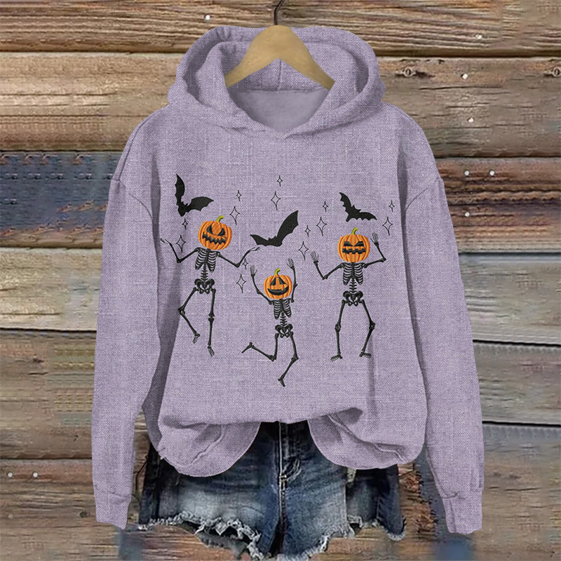 Halloween Dancing Pumpkin Head Skull Print Long Sleeve Hoodie - Purple - US44-46(8XL) - image 1
