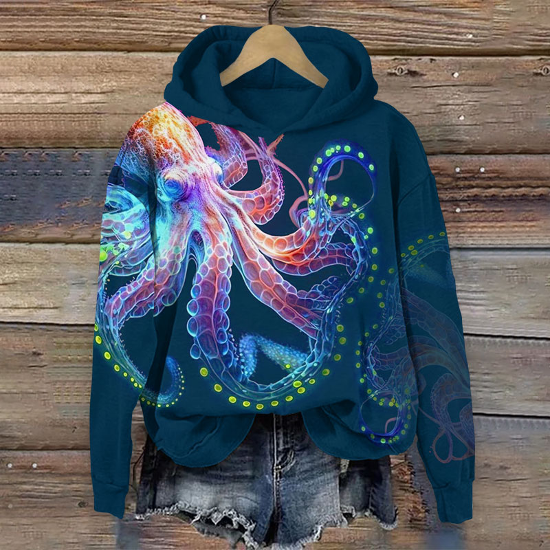 Vintage Technological Octopus Print Long Sleeve Hoodie - Blue - US44-46(8XL) - image 1