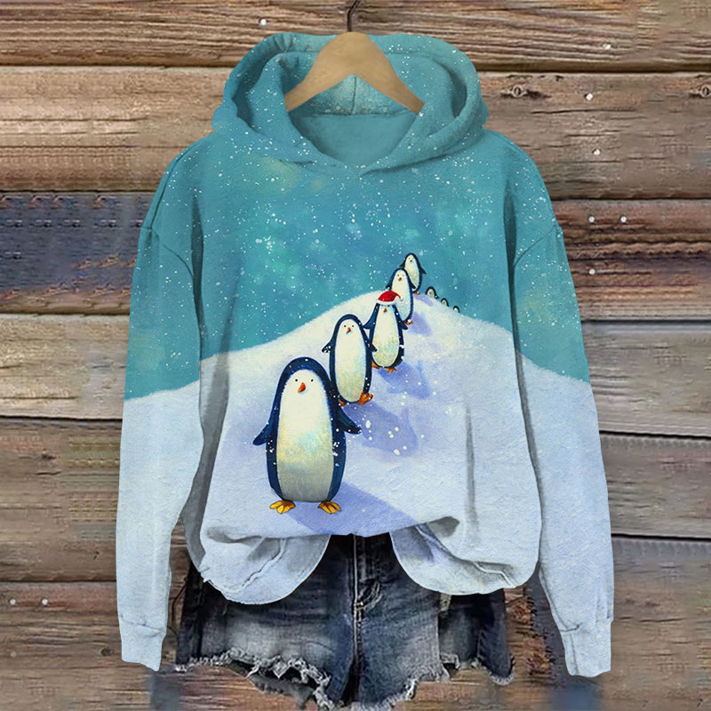 Christmas Adorable Penguins In Line  Print Long Sleeve Hoodie - Green - US44-46(8XL) - image 1