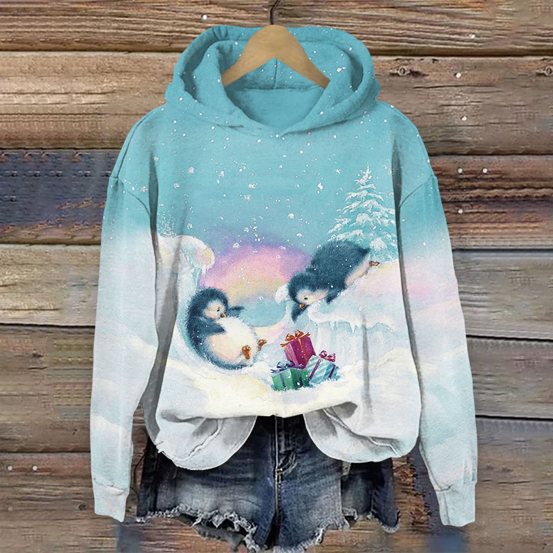 Penguin Looking At Christmas Gifts Print Long Sleeve Hoodie - Blue - US44-46(8XL) - image 1