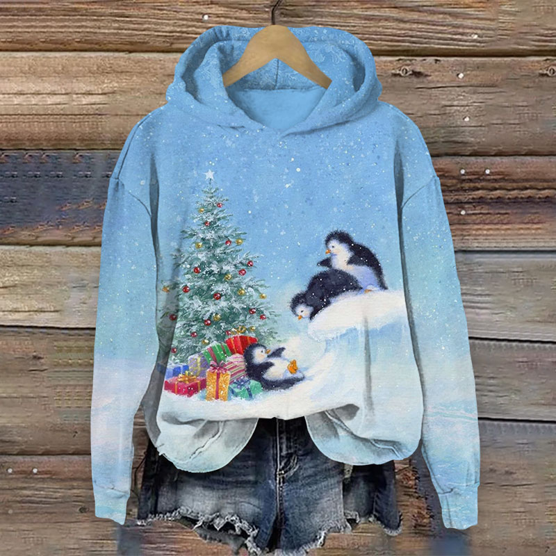 Cute Baby Penguins Playing Under Christmas Tree Print Long Sleeve Hoodie - Blue - US44-46(8XL) - image 1