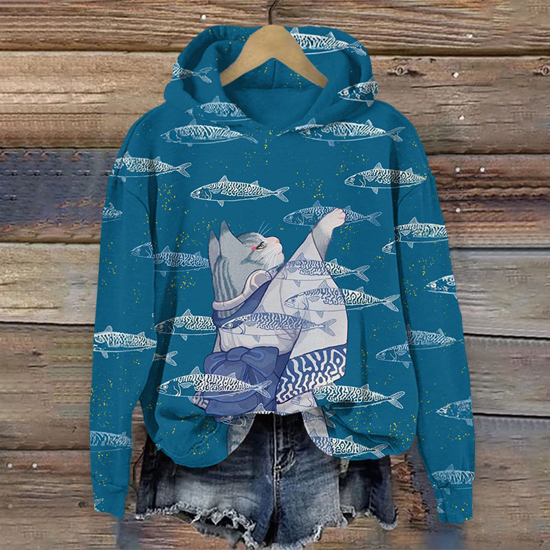 Japanese Kimono Cat Waving To The Fish Print Long Sleeve Hoodie - Blue - US44-46(8XL) - image 1