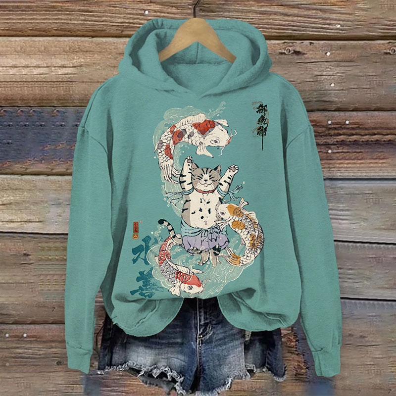 Japanese Koi Swimming Around The Cat Print Long Sleeve Hoodie - Blue - US44-46(8XL) - image 2