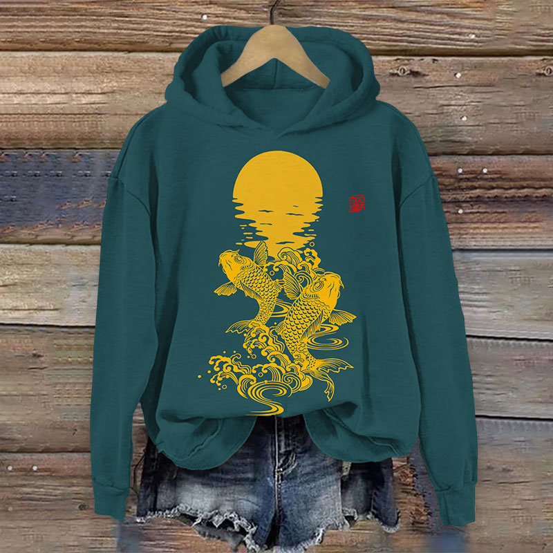 Japanese Creative Koi Carp & Moon Print Long Sleeve Hoodie - Green - US44-46(8XL) - image 2