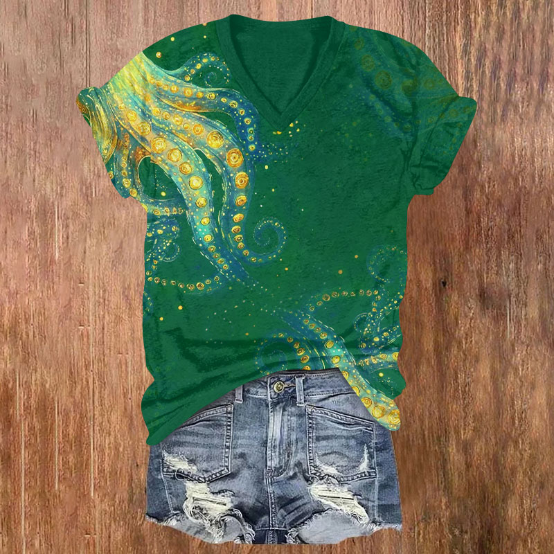 Japanese Unique Octopus Tentacles Print V-neck T-shirt - Green - US32-34(5XL) - image 1