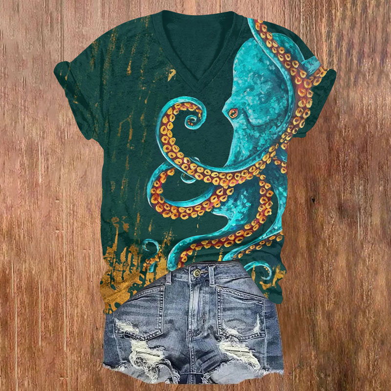 Mysterious Original Octopus Art Print V-neck T-shirt - Green - US32-34(5XL) - image 1
