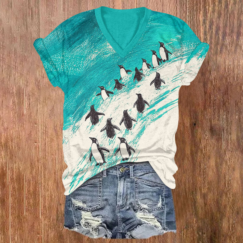 Oil Painting Lovely Penguin Print v-neck T-Shirt - Green - US32-34(5XL) - image 1