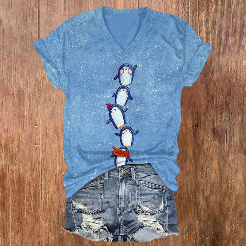 Vintage Lovely Stacking Penguins Print V-neck T-shirt - Blue - US32-34(5XL) - image 1