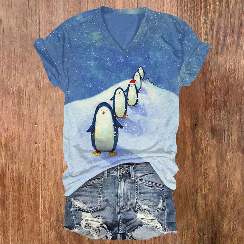 Christmas Adorable Penguins In Line Print V-neck T-shirt - Blue - US32-34(5XL) - image 1