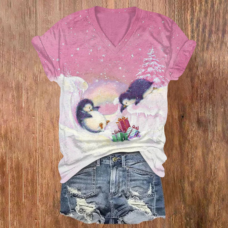 Penguin Looking At Christmas Gifts Print V-neck T-shirt - Pink - US32-34(5XL) - image 1