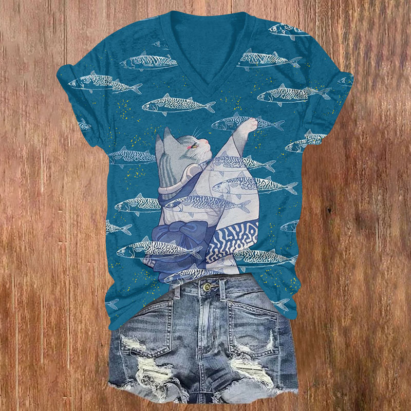 Japanese Kimono Cat Waving To The Fish Print V-neck T-shirt - Blue - US32-34(5XL) - image 1