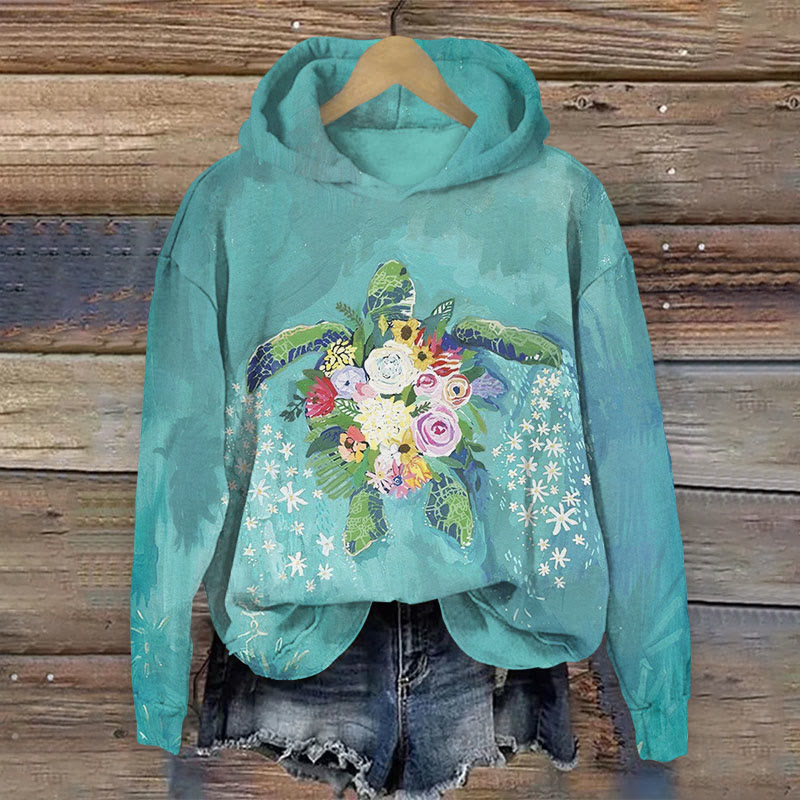  Ocean Turtle With Floral Print Long Sleeve Hoodie - Lake Blue - US44-46(8XL) - image 1