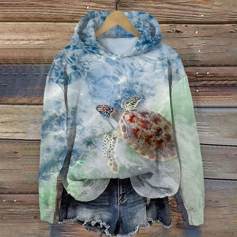  Ocean Colorblock Turtle Print Long Sleeve Hoodie - Multicolor - US44-46(8XL) - image 1