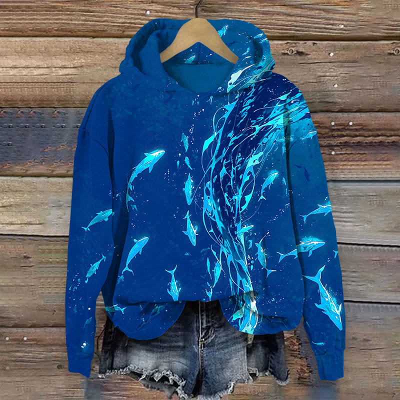 Ocean School Of Fishes Print Long Sleeve Hoodie - Blue - US44-46(8XL) - image 1