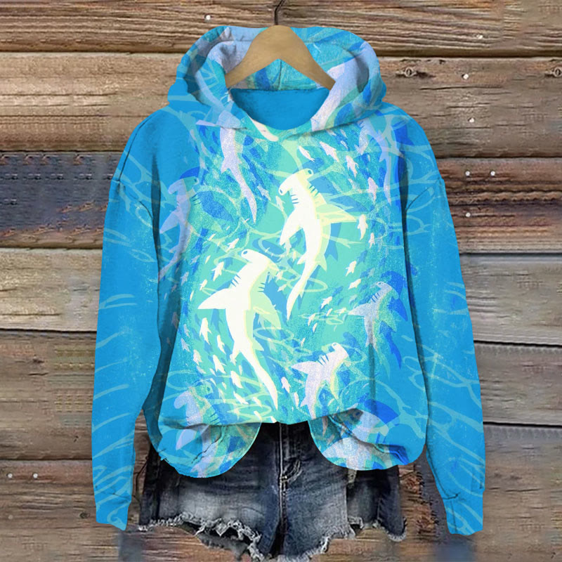 Ocean School Of Fishes Print Long Sleeve Hoodie - Lake Blue - US44-46(8XL) - image 1