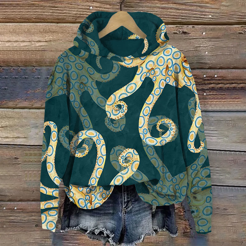  Art Octopus Print Long Sleeve Hoodie - Dark Green - US44-46(8XL) - image 1