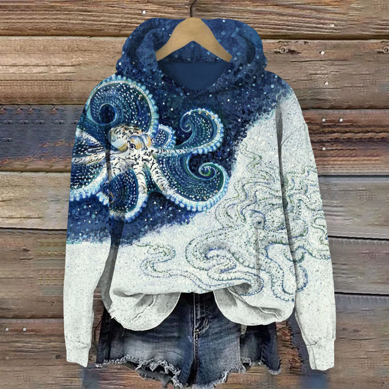 Colorblock Art Octopus Print Long Sleeve Hoodie - Multicolor - US44-46(8XL) - image 1