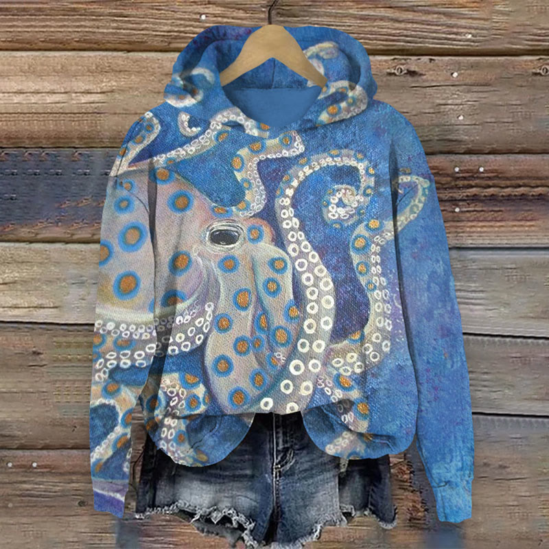 Oil Art Octopus Print Long Sleeve Hoodie - Blue - US44-46(8XL) - image 1