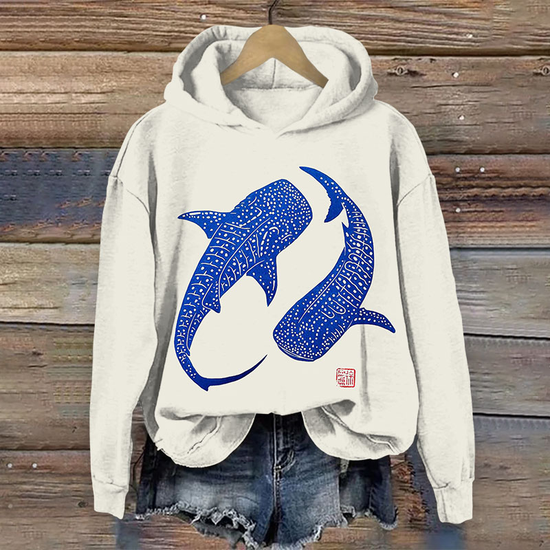Japanese Retro Whale Shark Print Long Sleeve Hoodie - White - US44-46(8XL) - image 1