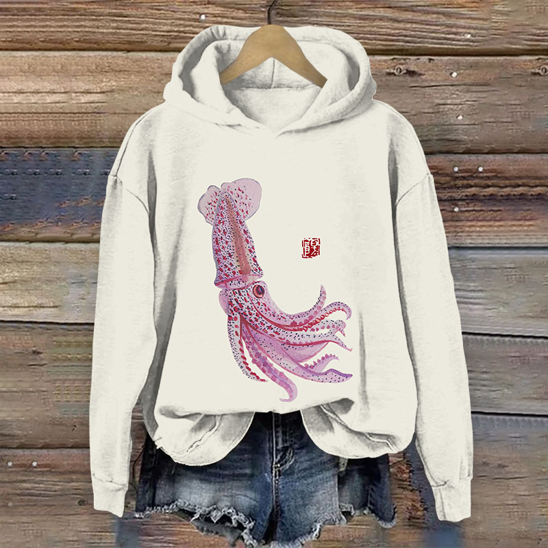 Deep Sea Histioteuthis Squid Print Long Sleeve Hoodie - White - US44-46(8XL) - image 1