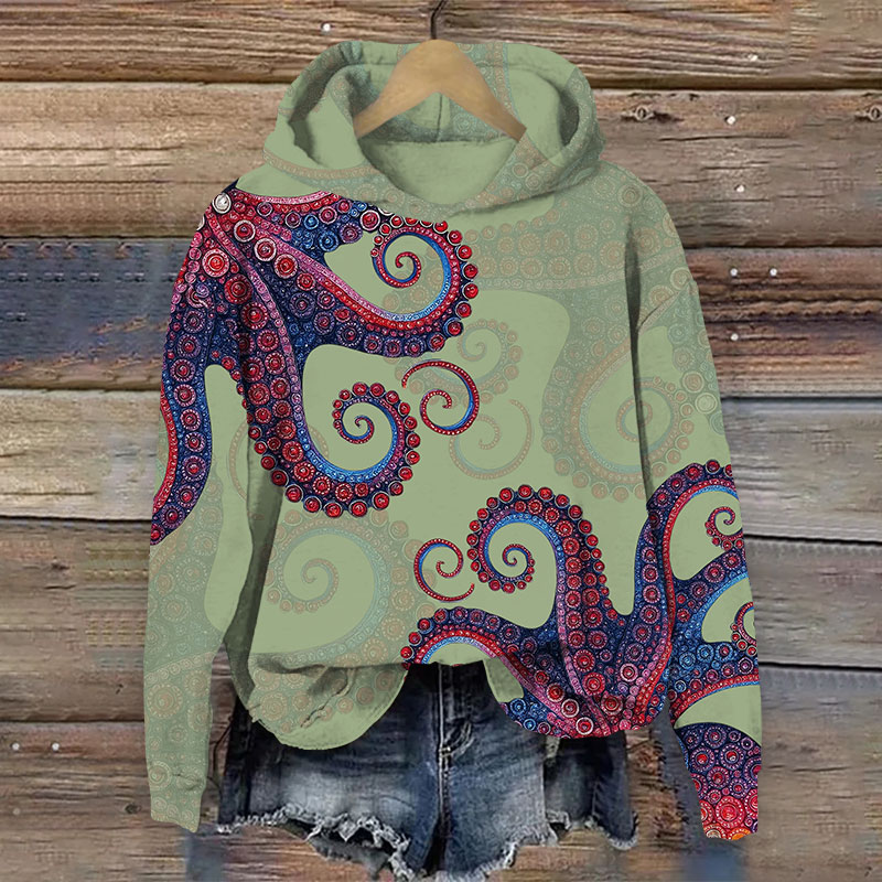 Japanese Retro Ethnic Octopus Tentacles Print Long Sleeve Hoodie - Green - US44-46(8XL) - image 1