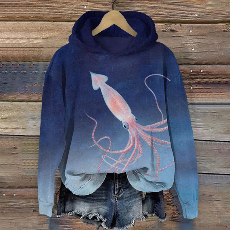 Ombre Funny Deep-sea Squid Print Long Sleeve Hoodie - Blue - US44-46(8XL) - image 1