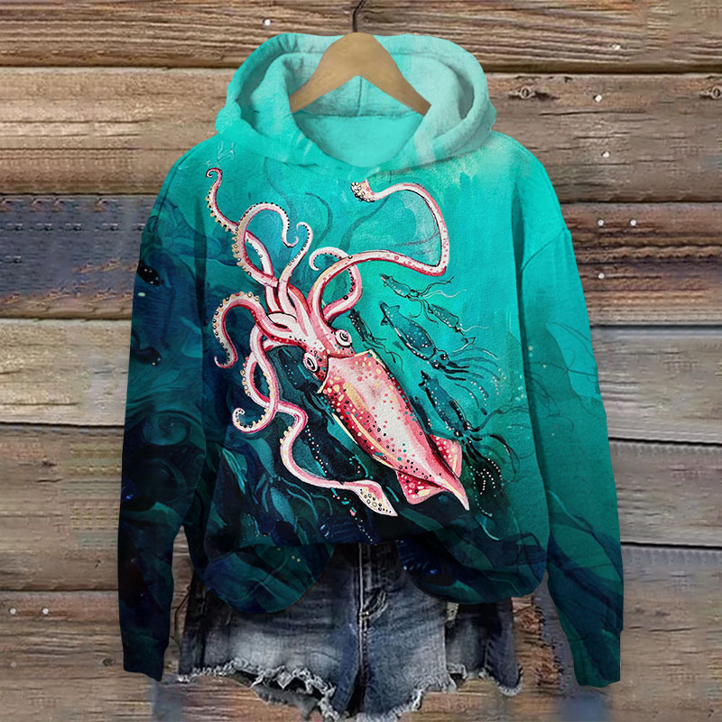 Ombre Cartoon Pink Squid Print Long Sleeve Hoodie - Green - US44-46(8XL) - image 1