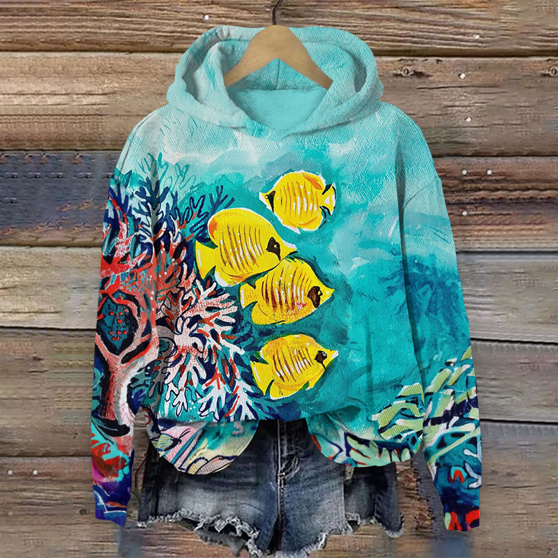 Oil Painting Coral & Tropical Fish Print Long Sleeve Hoodie - Lake Blue - US44-46(8XL) - image 1