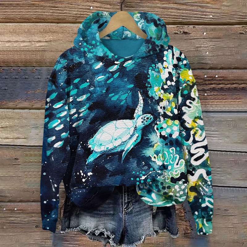 Oil Painting Underwater Baby Sea Turtle Print Long Sleeve Hoodie - Dark Blue - US44-46(8XL) - image 1
