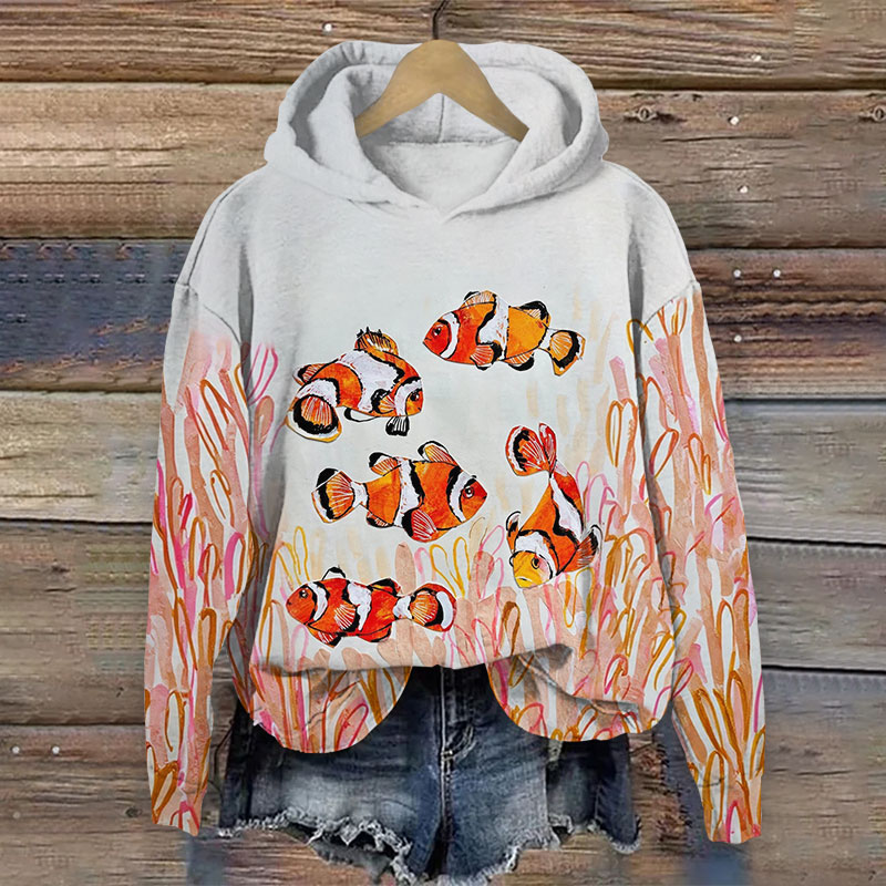 Vintage Cartoon Clownfish Art Print Long Sleeve Hoodie - Light Gray - US44-46(8XL) - image 1