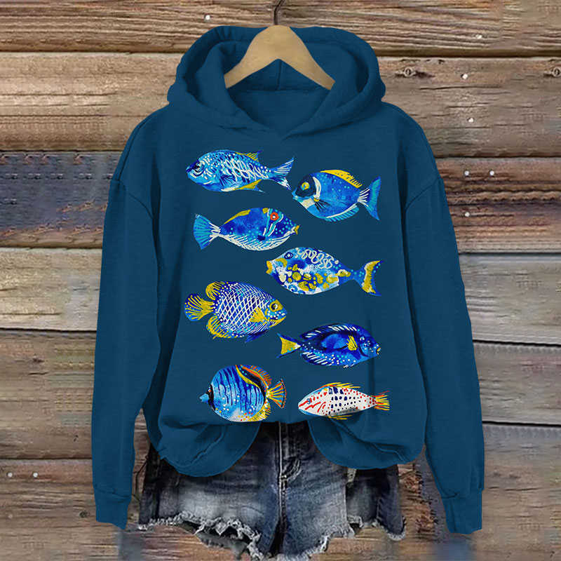 Vintage Abstract Funny Ugly Fish Print Long Sleeve Hoodie - Blue - US44-46(8XL) - image 1