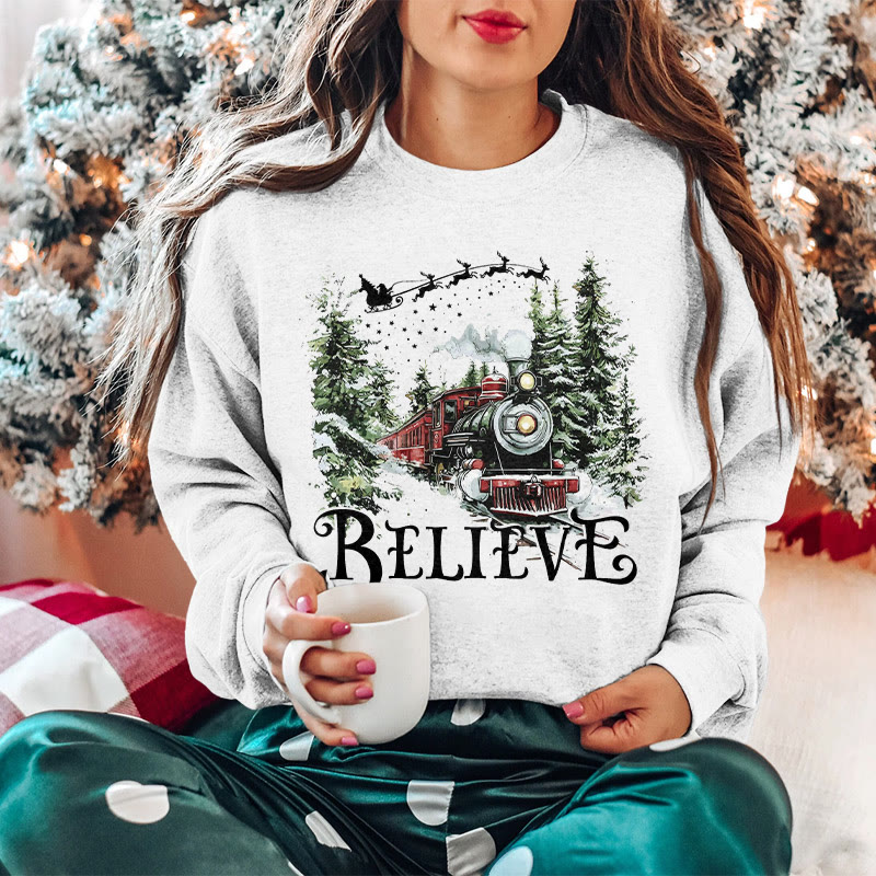 Unisex Believe Steam Locomotive Christmas Print Sweatshirt - image 1
