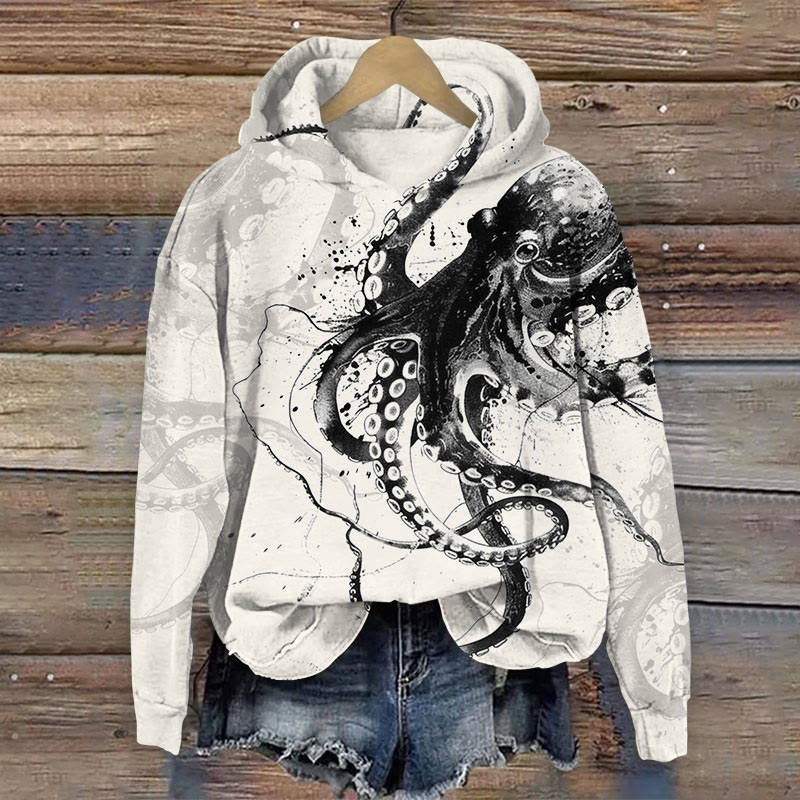 Ink octopus art Print Long Sleeve Hoodie - Beige - US44-46(8XL) - image 1
