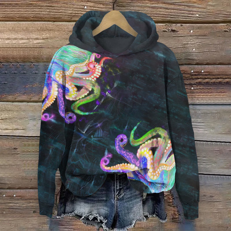Colorful Growing Octopus Print Long Sleeve Hoodie - Dark Grey - US44-46(8XL) - image 1