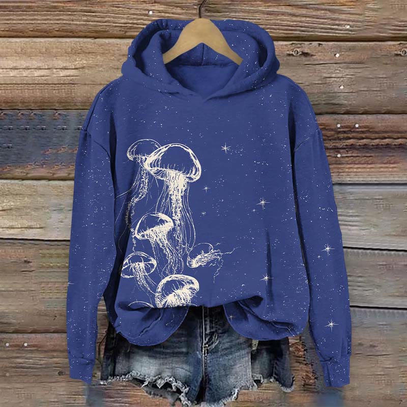 Jellyfish Swimming In A Star Speckled Universe Print Long Sleeve Hoodie - Blue - US44-46(8XL) - image 1